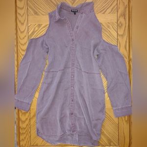 Express powder purple button denim cut shoulder shift mini dress